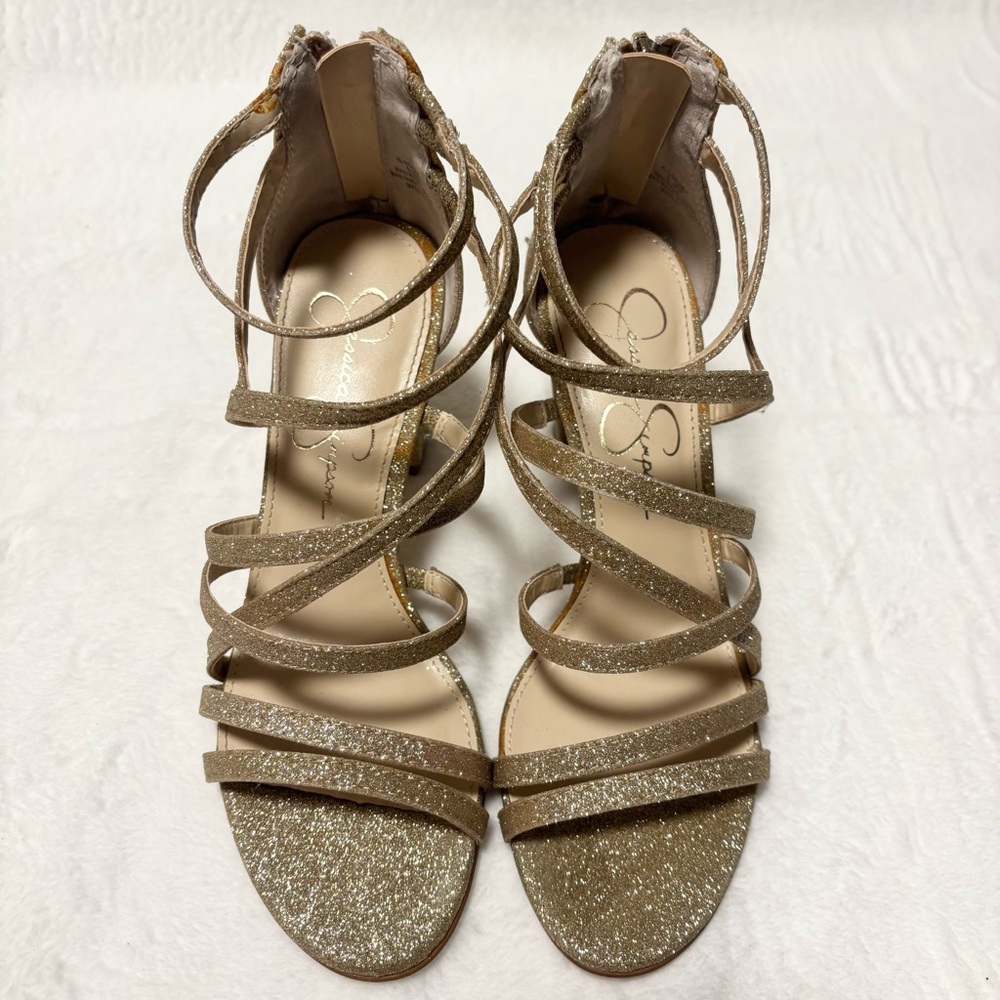 Jessica Simpson Stassey Glitter Block Heel Sandals Size 6M Champagne